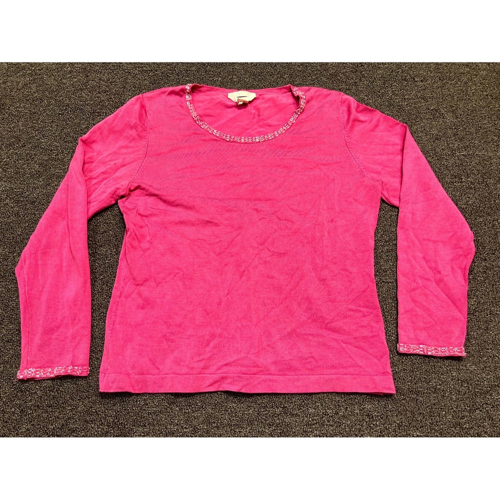 Petite Sophisticate Top Womens Medium Pink Silk Stretch Ribbed Beaded Slim Fit